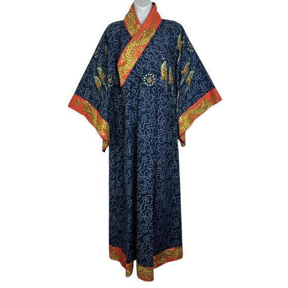 J Peterman Company Imperial Dragon Kimono Dress Faux Wrap Cotton Blue Print S/M - Picture 4 of 13